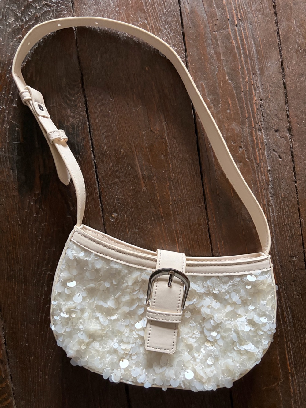 Cream Sequin Shoulder Bag with Buckle Accent